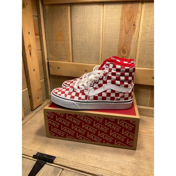 Us7 NEW Vans Filmore Hi Shoes Womens Canvas High Top Red White Checkerboard - Picture 5 of 7